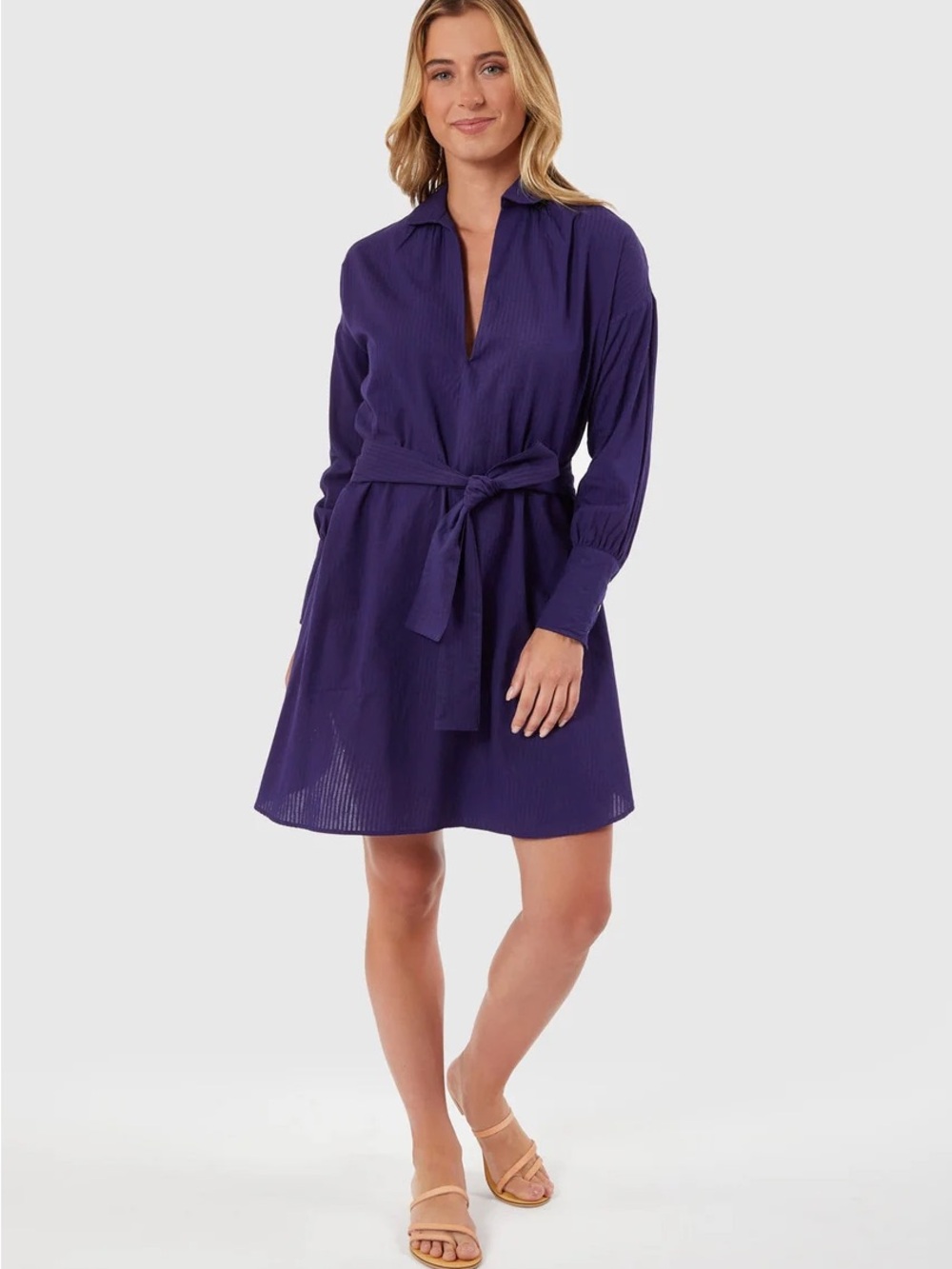 Livro Collared Tie-Waist Shirt Dress V neck Long sleeves navy blue